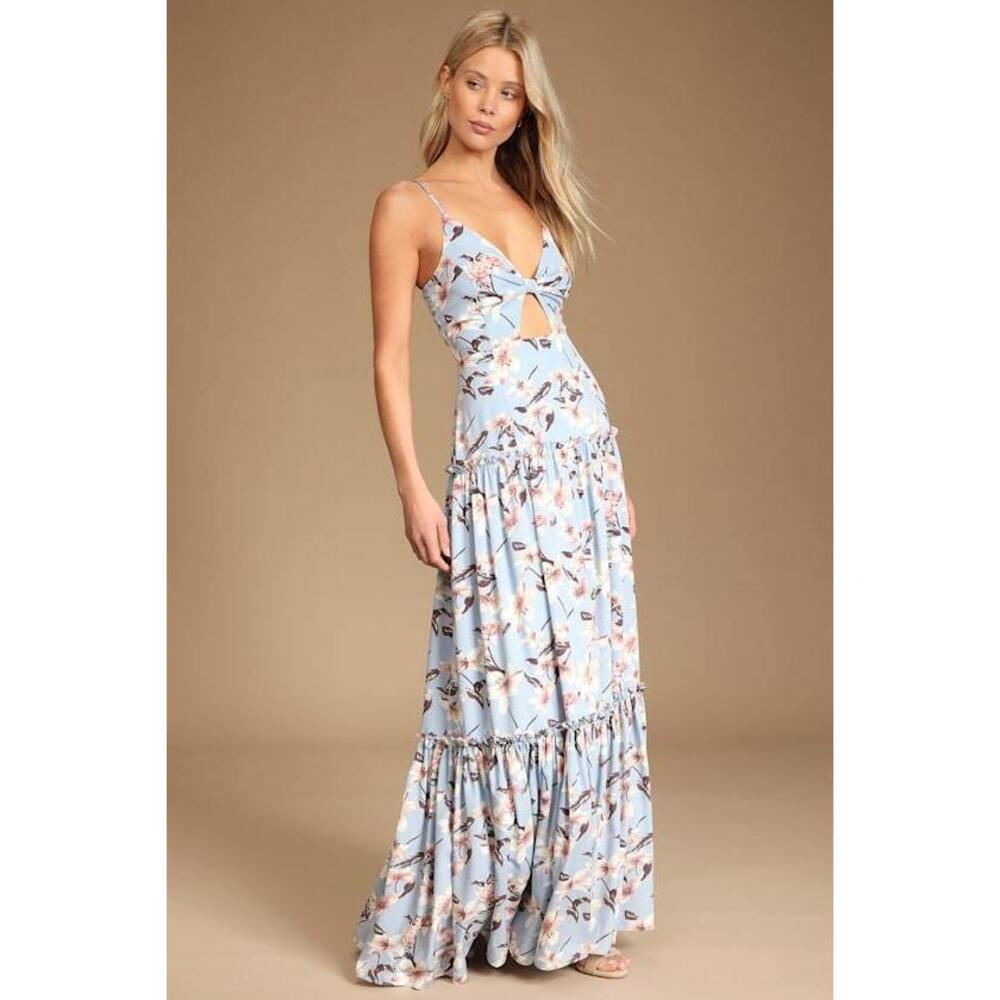 Lulus Blooms Of Paradise Light Blue Floral Print Sleeveless Maxi Dress - Size M